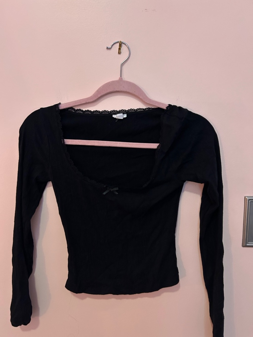 Garage Black Ribbed Long-Sleeve Scoop Neck Top with Lace Trim